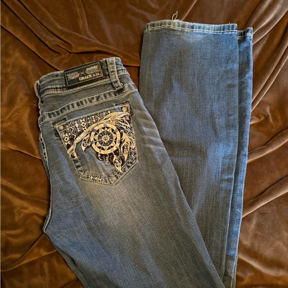 Grace in LA Blue Boot Cut Jeans with Embellished Design